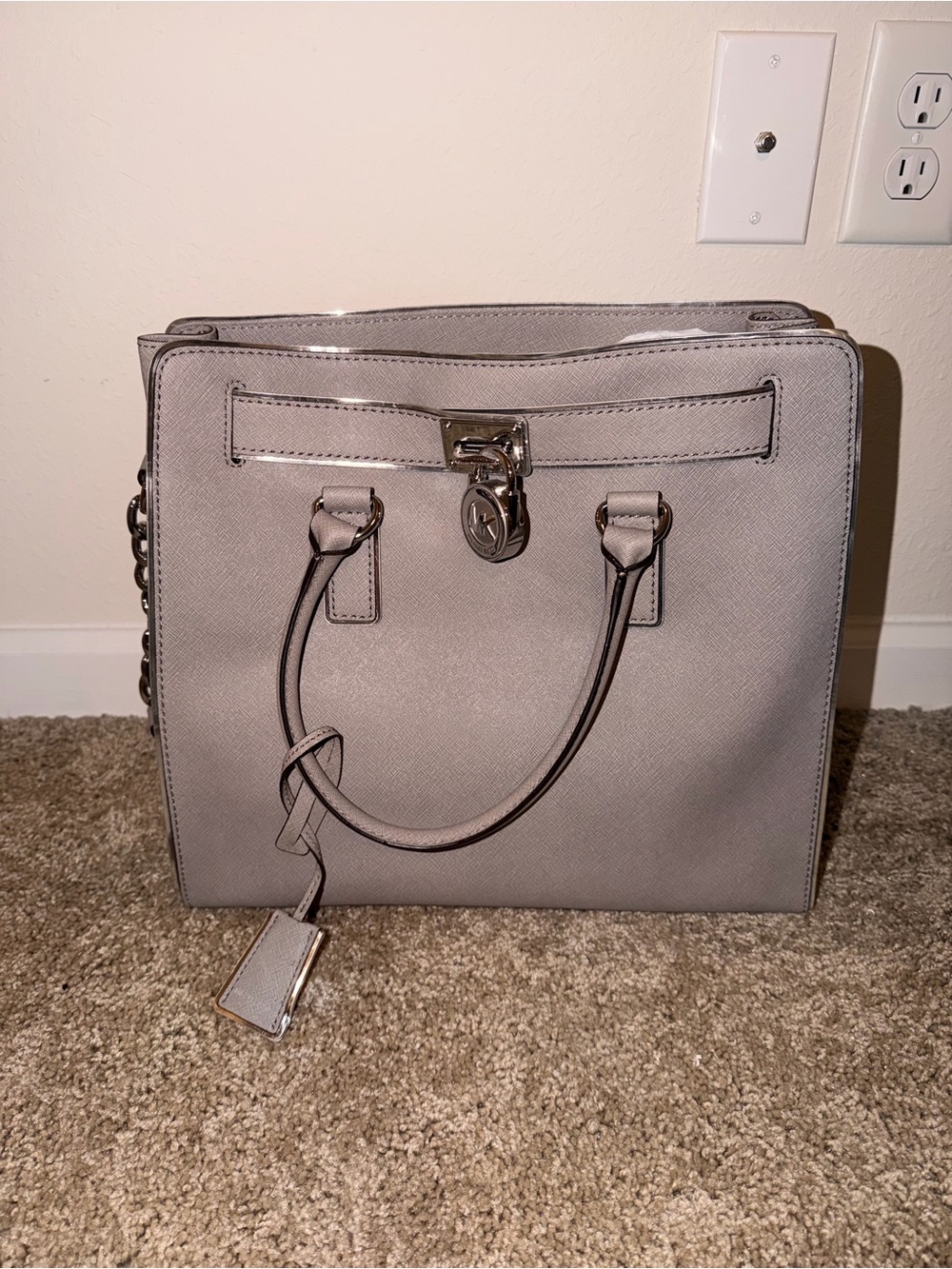 Michael Kors Light Grey Saffiano Satchel with Chain Strap